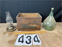 Wine bottle, Oil lamp & Roast Beef wooden box