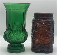 (A) Tiki Jar (missing lid) and green vase (9.5 in
