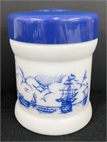 Vtg White Milk Glass Blue Delft Humidor Canister