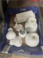 MILK GLASS, BUTTER DISH, CANDLE HOLDERS S&P