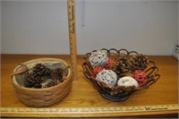 2 baskets with pinecones and centerpiece decor