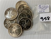 8 Canadian Silver 1965 Twenty Five Cents Coins