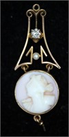 Carnelian Cameo Pendant on 14k Gold w Diamond