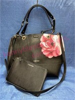 Calvin Klein black w/ pink rose purse & extra bag