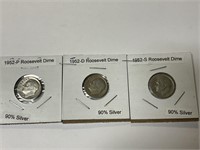 1952-P, D & S Dimes 90% Silver