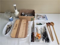 Assorted flatware; nut grinder; knives, cutting