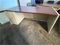 2 drawer Tan steel office desk w/ pull drawer