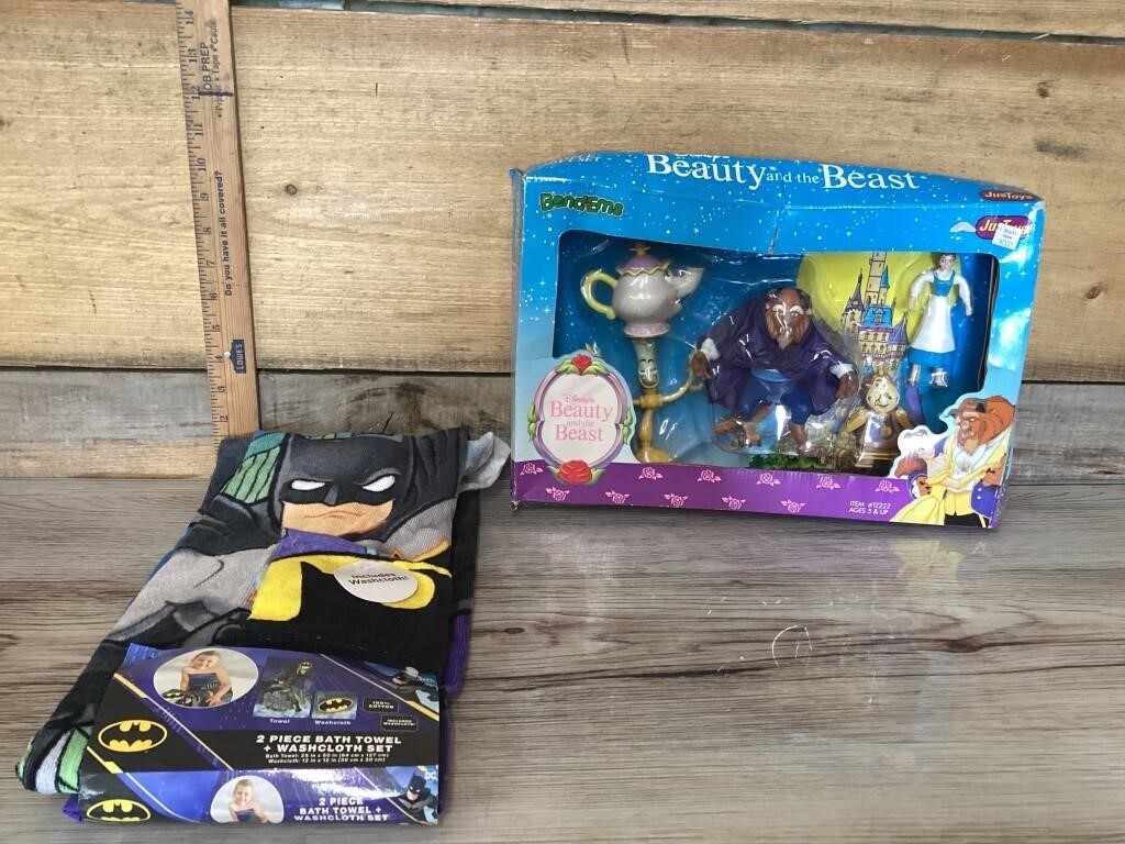 Beauty and the beast toy, and Batman towel with