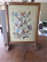 Antique embroidered oak firescreen