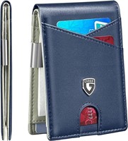 Blue Beige Leather Rfid Bifold Slim Wallet