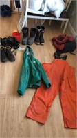 Outdoor lot, pack, boots, rain gear, other misc