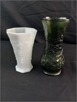 2 Glass Vases, One Milk Glass - One Deep Green