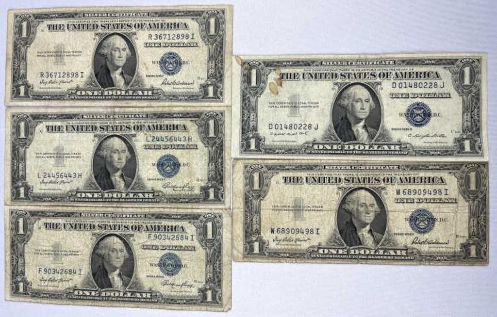 (5) 1935-E,F,G US $1 Silver Certificates Blue