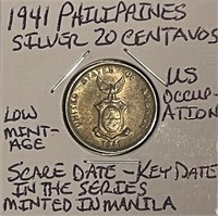 Philippines Scarce Silver 1941M 20 Cent.