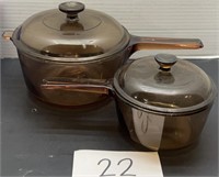 (2) vintage Corning sauce pots; made in USA