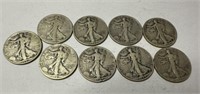 9 Walking Liberty Half Dollars