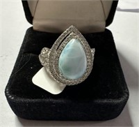 Sterling Silver .925 Pear Cut Larimar Ring with Wh