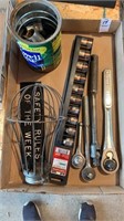 Box Lot with Ratchet Wrenches, Sockets, and Light