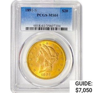 1891-S $20 Gold Double Eagle PCGS MS61