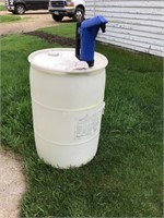 Plastic 55 gallon barrel with pump