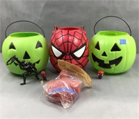 3 Halloween buckets and spider man toys and piggy