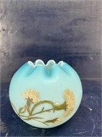 VICTORIAN BLUE SATIN HAND PAINTED ROSE BOWL