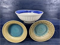 2 POTTERY AND 1 PORCELAIN BOWL