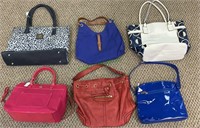 6  ladies purses and bags - blue and white, pink
