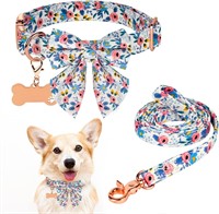 Girl Dog Collar and Leash Set  Flower Bow Tie (L)