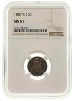 1887-S US SEATED LIBERTY 10C SILVER COIN NGC MS61