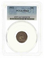 1852 US SEATED LIBERTY 10C SILVER COIN PCGS MS64