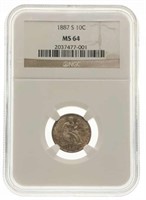 1887-S US SEATED LIBERTY 10C SILVER COIN NGC MS64