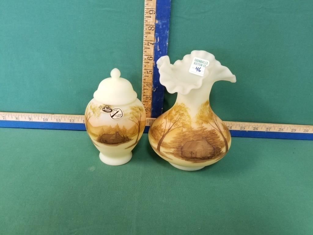 2 FENTON HAND SIGNED PIECES W/ CABIN SCENE