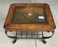 Heavy wood and metal frame table with marble top