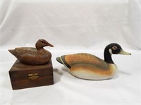 Wooden Carved Duck Trinket Box & Porcelain