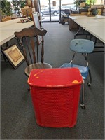 Walnut Chair, Red Hamper & Vintage Blue Chair