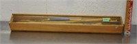Wooden knitting needles holder, contents