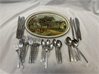 Metal Serving Tray with Estate Lot of Silverware