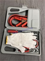 SMALL TOOL KIT W/ JUMPER CABLES, GLOVES, TOOLS