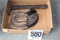 Antique Iron Shoe Last & Stand, (4) Horse Shoes