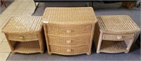 Pair Wicker End Tables and 3 Drawer Chest