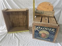 Crates, Cheese Box, & Round Piece Of Wood