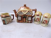 Old Cottage Ware Tea Pot, Creamer, Salt & Pepper