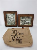 2 pictures in wooden frames and canvas bag