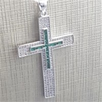 Sterling Silver & Emerald Tone Gemstone Lg Cross