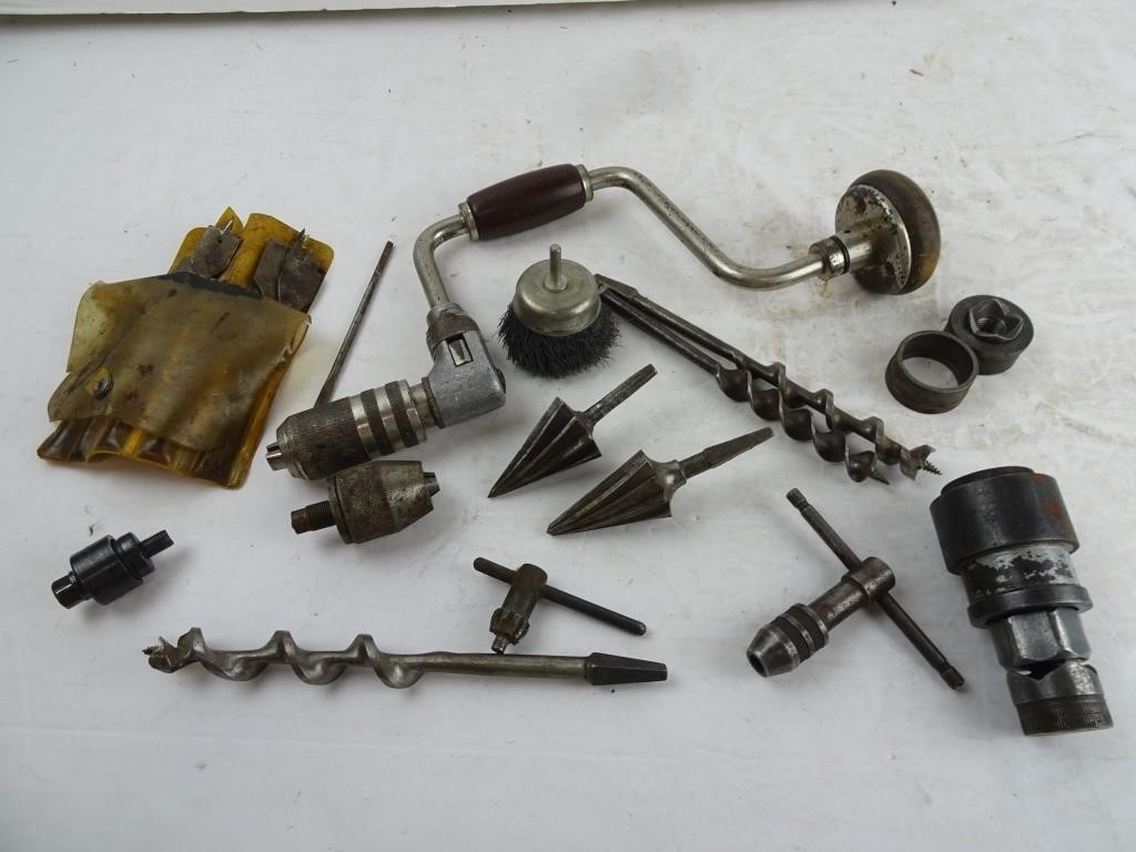 Vintage Hand Drill with Various Bits