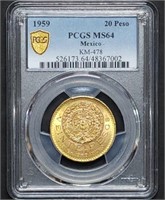 1959 Mexico 20 Pesos Gold PCGS MS64, Rare Grade