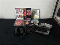 DVD and Blu-ray movies, headsets, Bible books,
