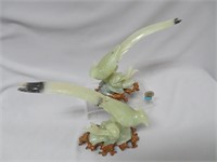 2 carved jade exotic birds, 10" long & 7 1/2" high