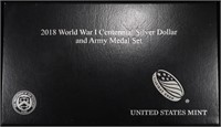 2018 WWI CENTENNIAL SILV $1 & ARMY MEDAL COMM SET